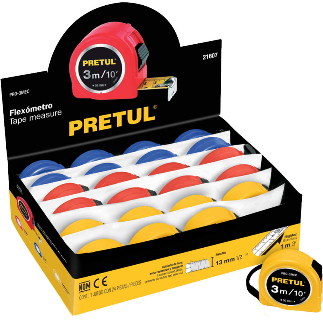 Flexómetro 3 m cinta 13 mm, display box con 24 pzas, Pretul