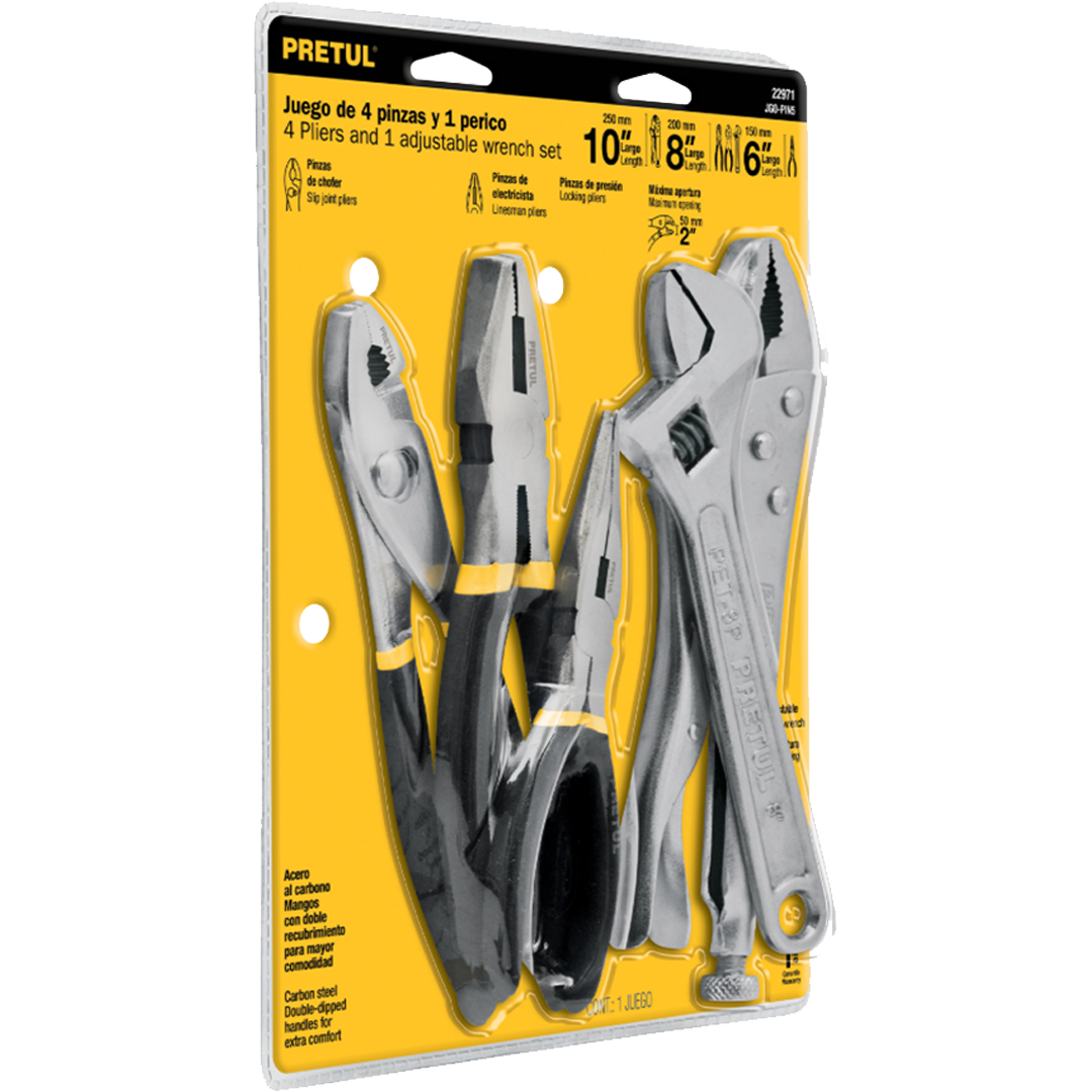 22971 Juego de 4 pinzas y 1 llave ajustable, Pretul