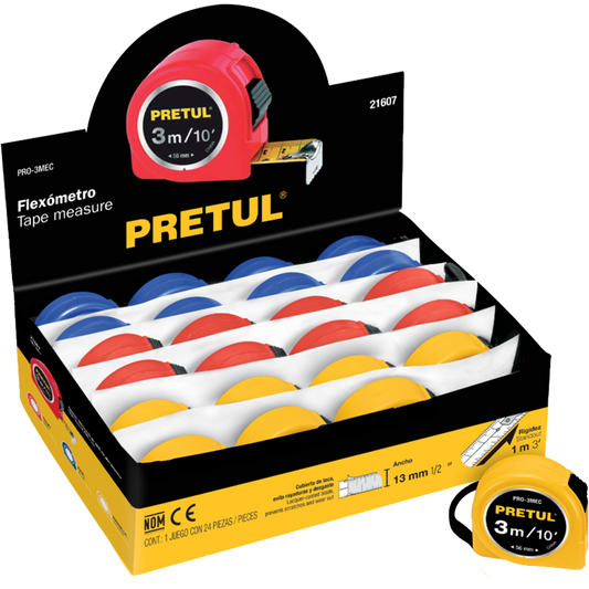 Flexómetro 3 m cinta 13 mm, display box con 24 pzas, Pretul