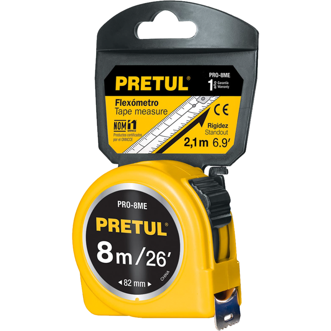 Flexómetro amarillo 8 m cinta 25 mm, en tarjeta, Pretul 21603