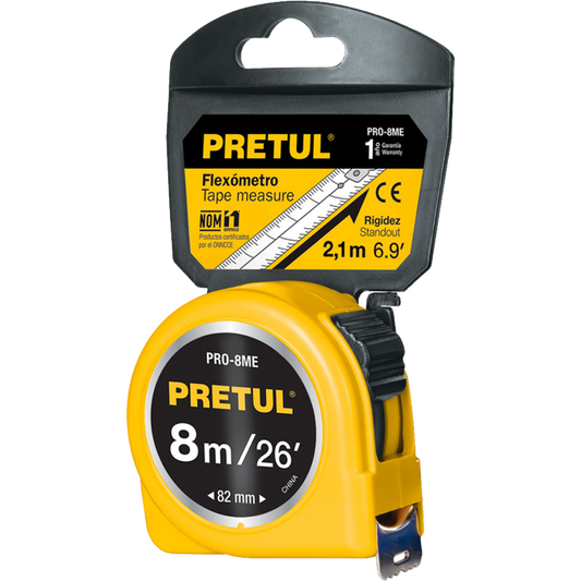 Flexómetro amarillo 8 m cinta 25 mm, en tarjeta, Pretul 21603
